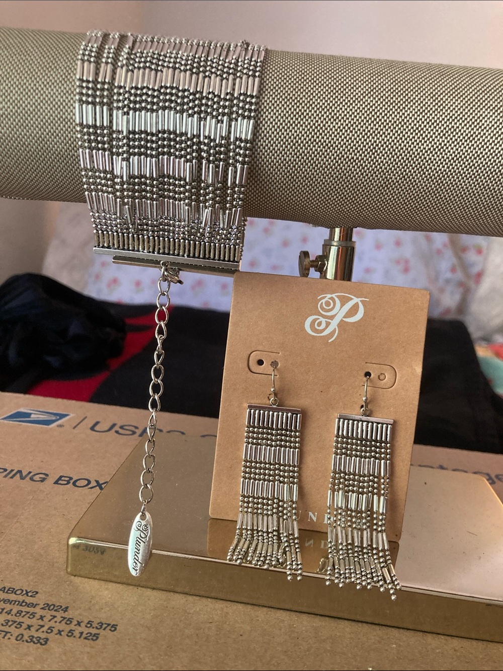 Plunder Silver Beaded Fringe Bracelet with Matching Dangle Earrings